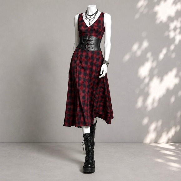 Avec Les Filles Dresses & Skirts - Avec Les Filles Plaid Dress 10 Red Black Midi Whimsigoth Gothic Punk Grunge